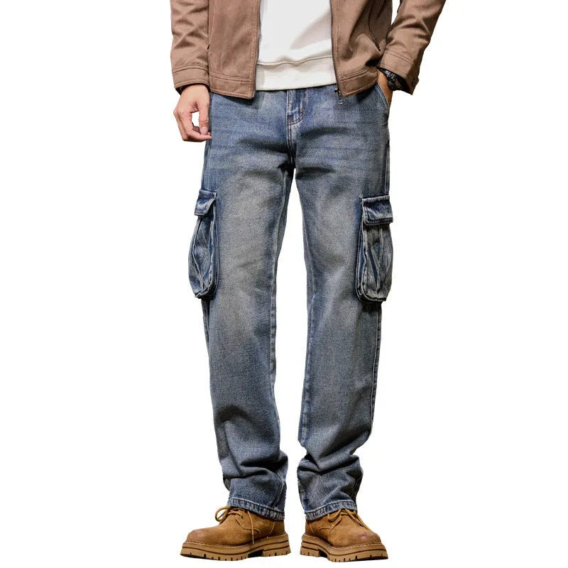 Men's high-waisted loose denim trousers with multiple pockets showing straight leg opening