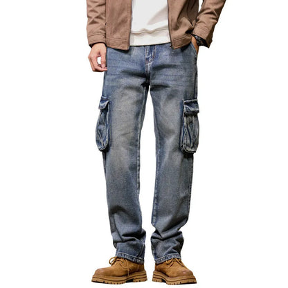 Men's high-waisted loose denim trousers with multiple pockets showing straight leg opening