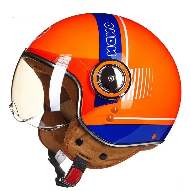 Retro style battery car half helmet in bright two-tone colours with ABS shell