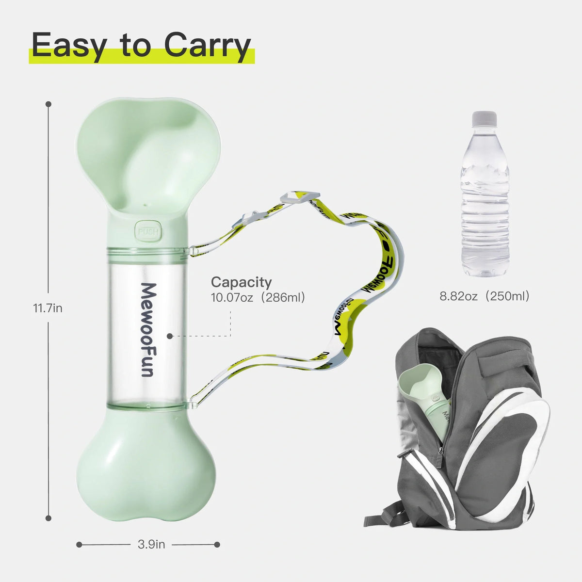 Mewoofun 2-in-1 pet water bottle and feeder bowl in white, green, yellow, and pink