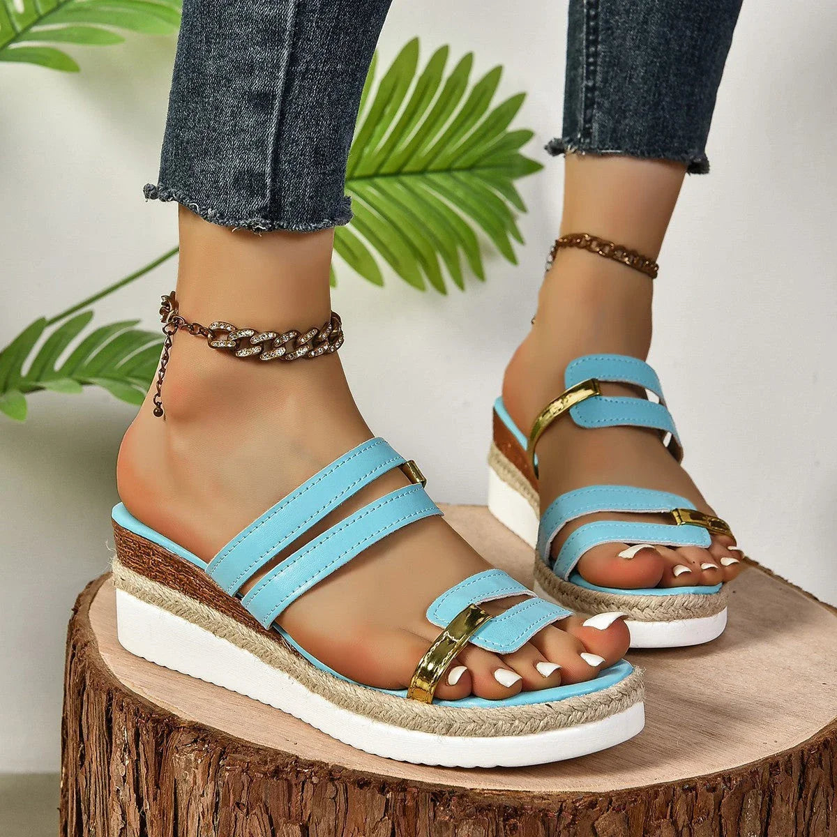 Stylish color block wedge sandals for women, featuring a unique design, comfortable wedge heel, and breathable hemp sole