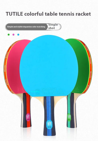 Single pack table tennis racket with high-elastic wood blade and racket cover, shown with pink shakehand grip.