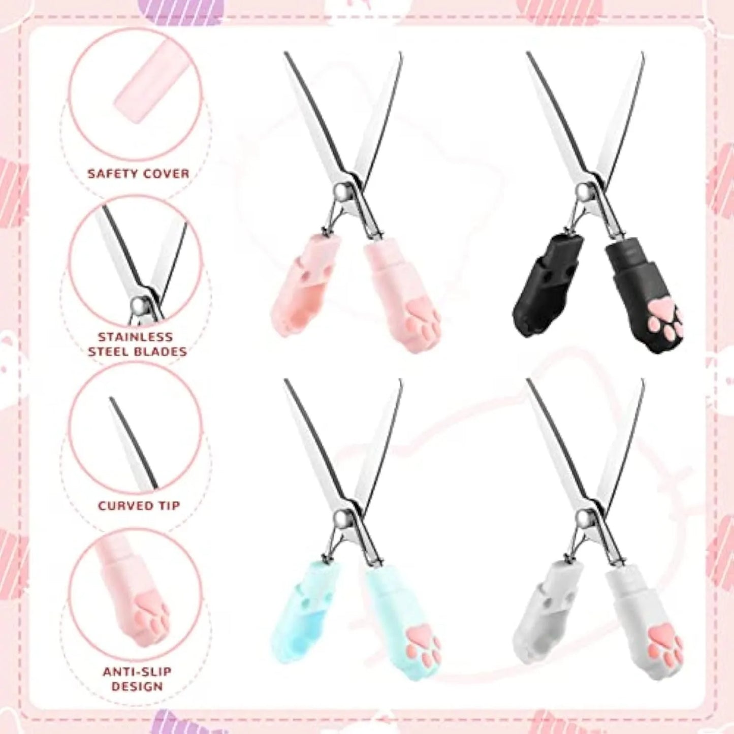 Closed cat paw design mini folding scissors showing safety lock, in choice of colours.