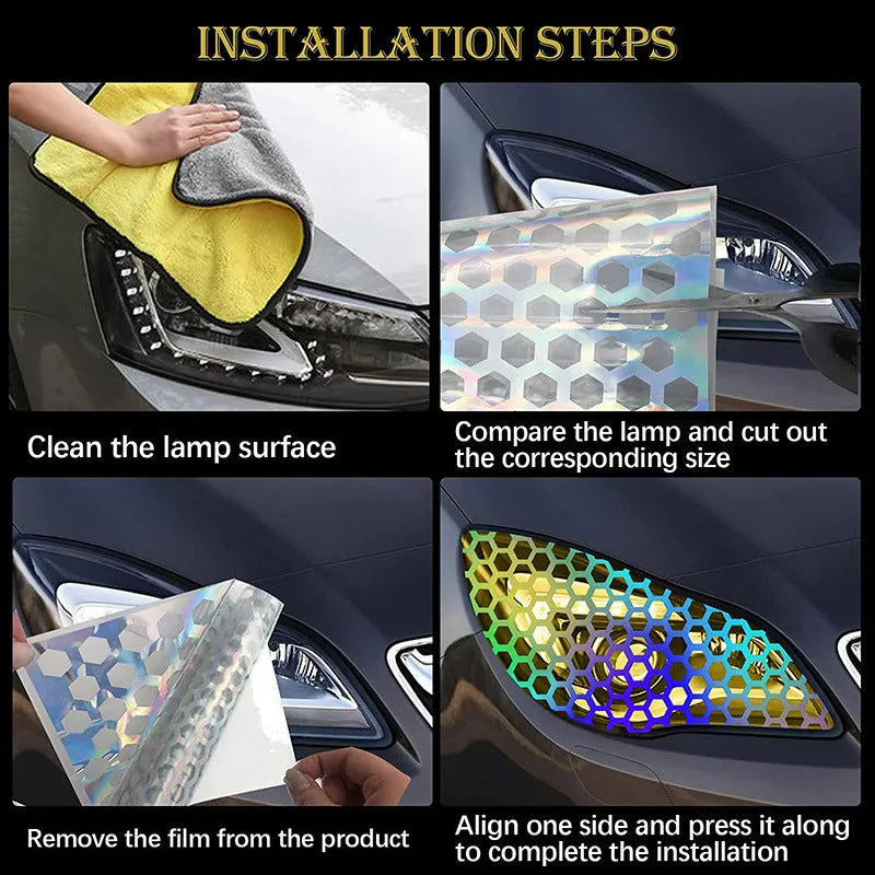 Set of black honeycomb-patterned car taillight decoration stickers showing size scale.
