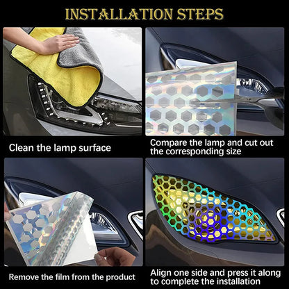Set of black honeycomb-patterned car taillight decoration stickers showing size scale.
