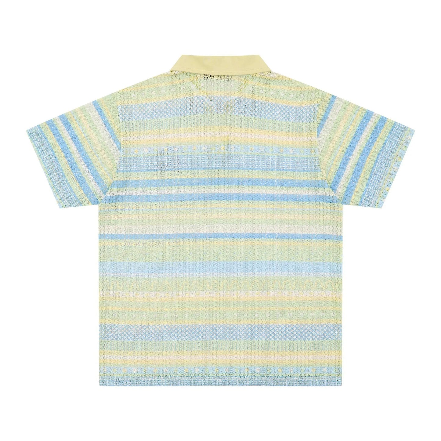 Men's blue and yellow printed short sleeve shirt with loose leisure fit on hanger