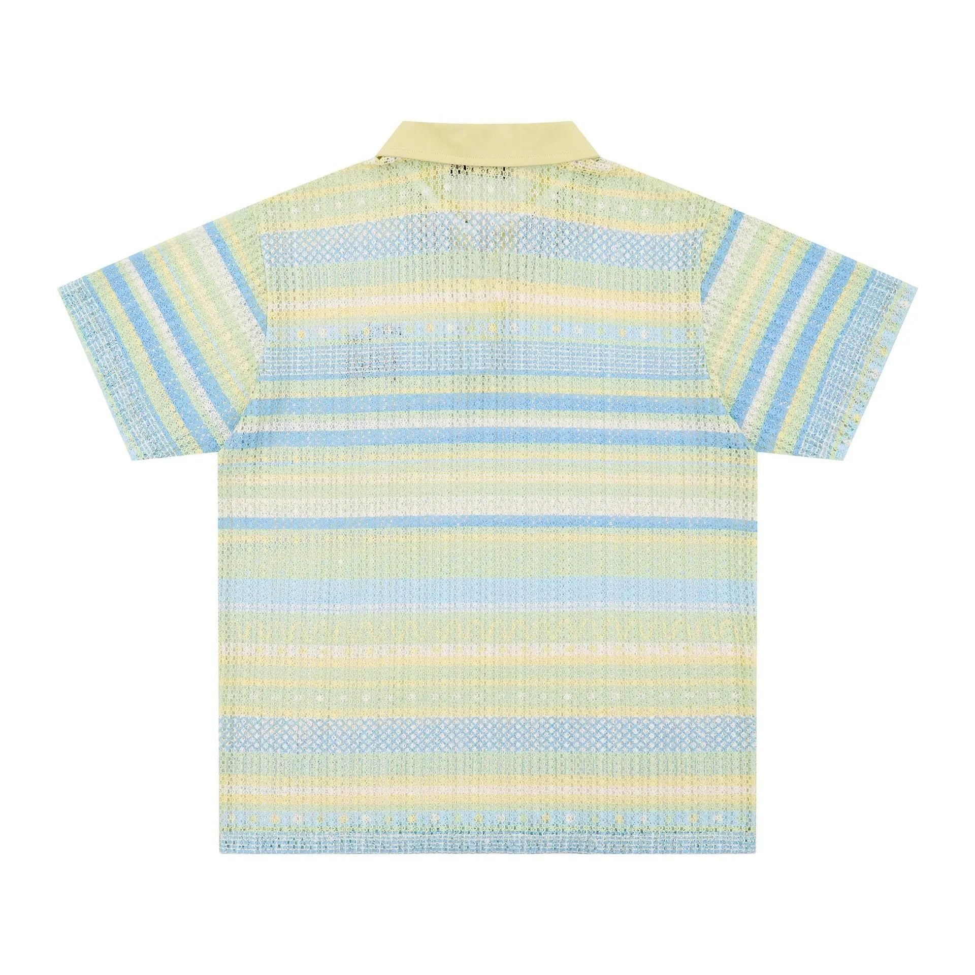 Men's blue and yellow printed short sleeve shirt with loose leisure fit on hanger