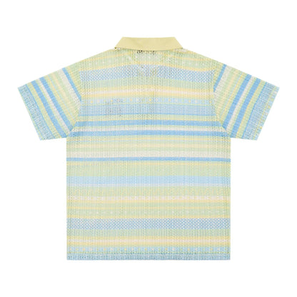 Men's blue and yellow printed short sleeve shirt with loose leisure fit on hanger