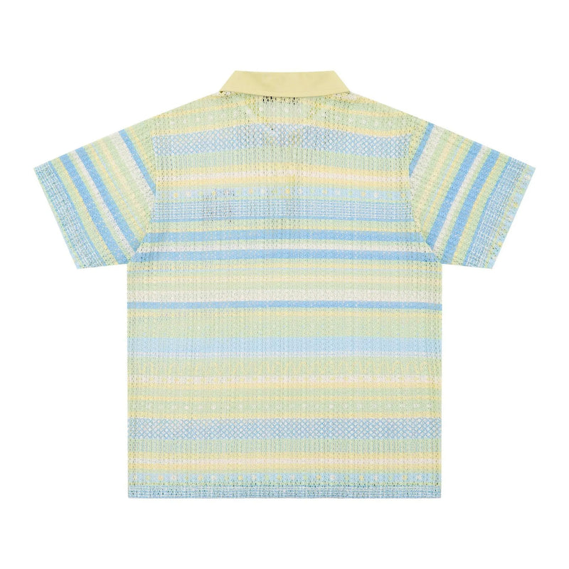 Men's short sleeve printed shirt in loose leisure fit with four-sided elastic polyester fabric, available in blue and yellow colours in Asian S M L XL sizes