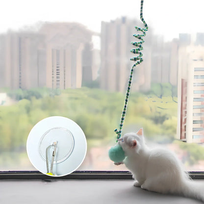 Blue interactive cat hanging toy with 8cm plush ball on 70cm stretch wand to 180cm, sucker base for window play