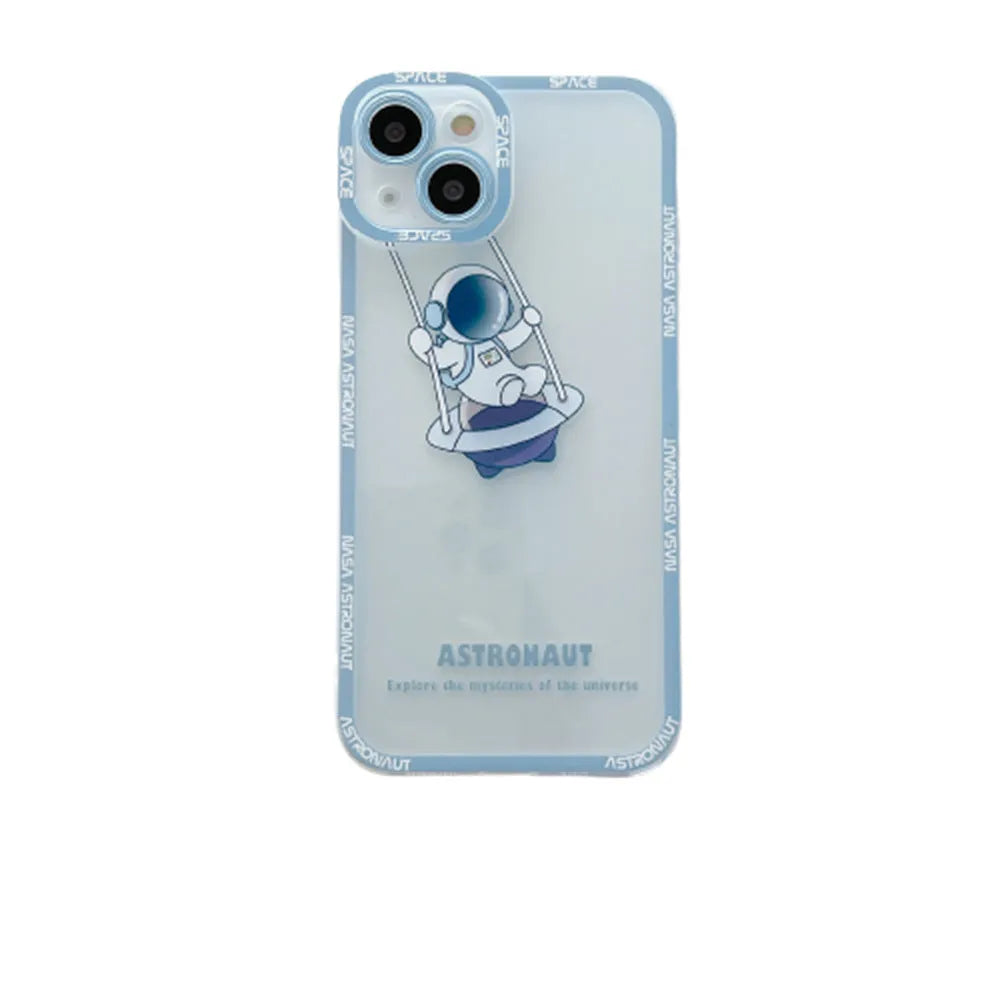 Transparent silicone iPhone case with blue astronaut print, showing compatibility with iPhone models.