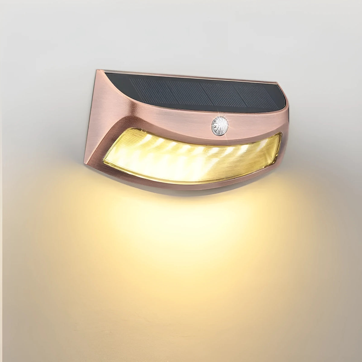 Solar outdoor wall lamp with smiling face design, dimensions 153mm by 76mm by 38mm