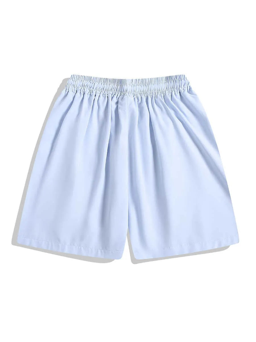 Loose-fit black sports shorts with elastic waistband and straight-leg cut for athletic wear