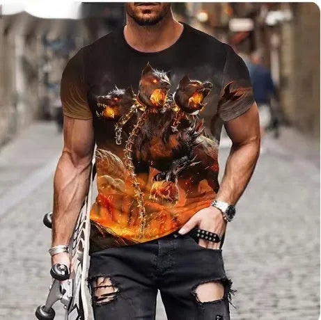 Men's black t-shirt with a fierce 3D printed lion graphic on the chest.