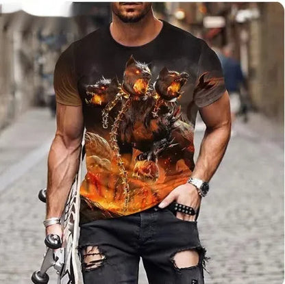 Men's black t-shirt with a fierce 3D printed lion graphic on the chest.