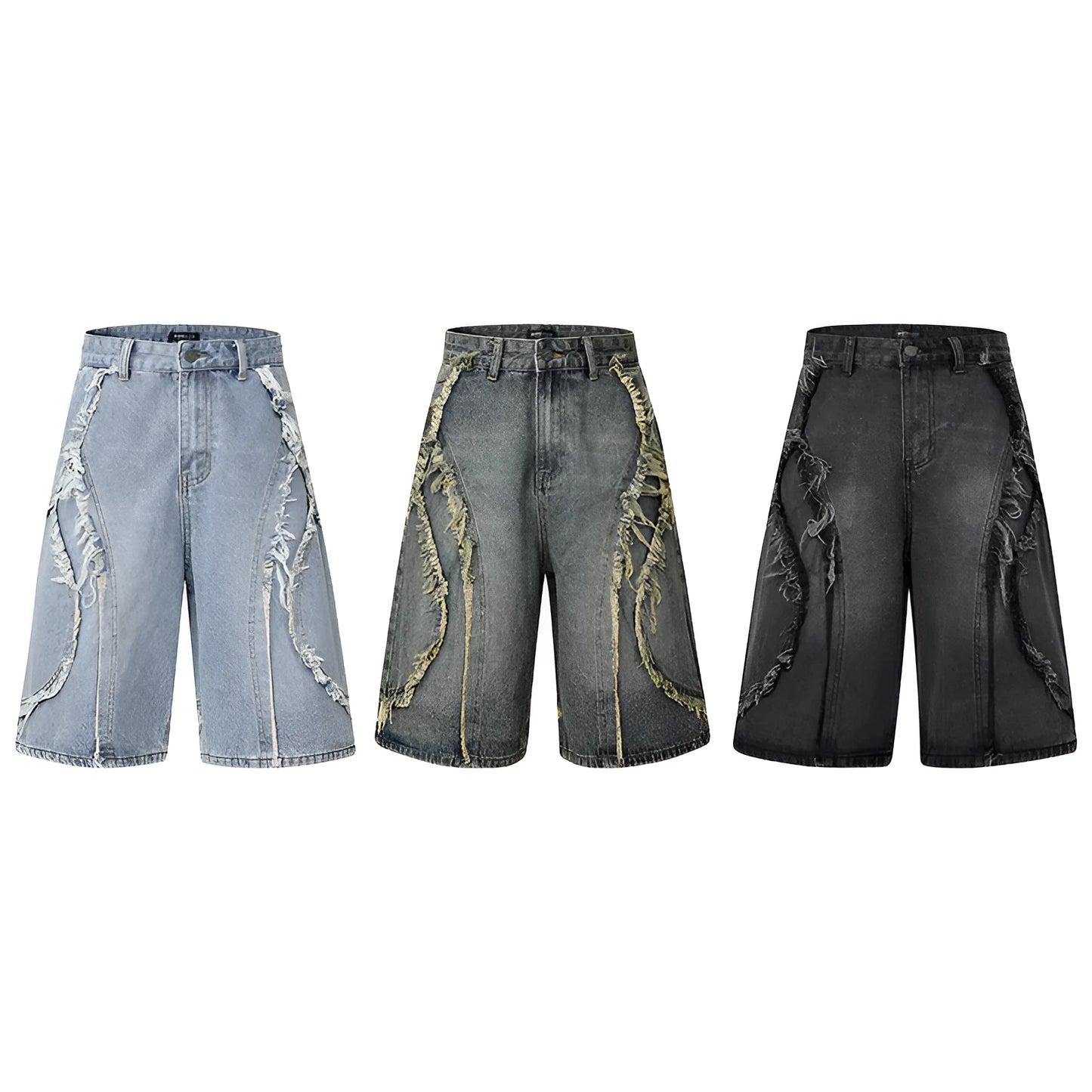 American Pu Shuai distressed denim shorts with raw-edge hem in light blue, shown on a model.