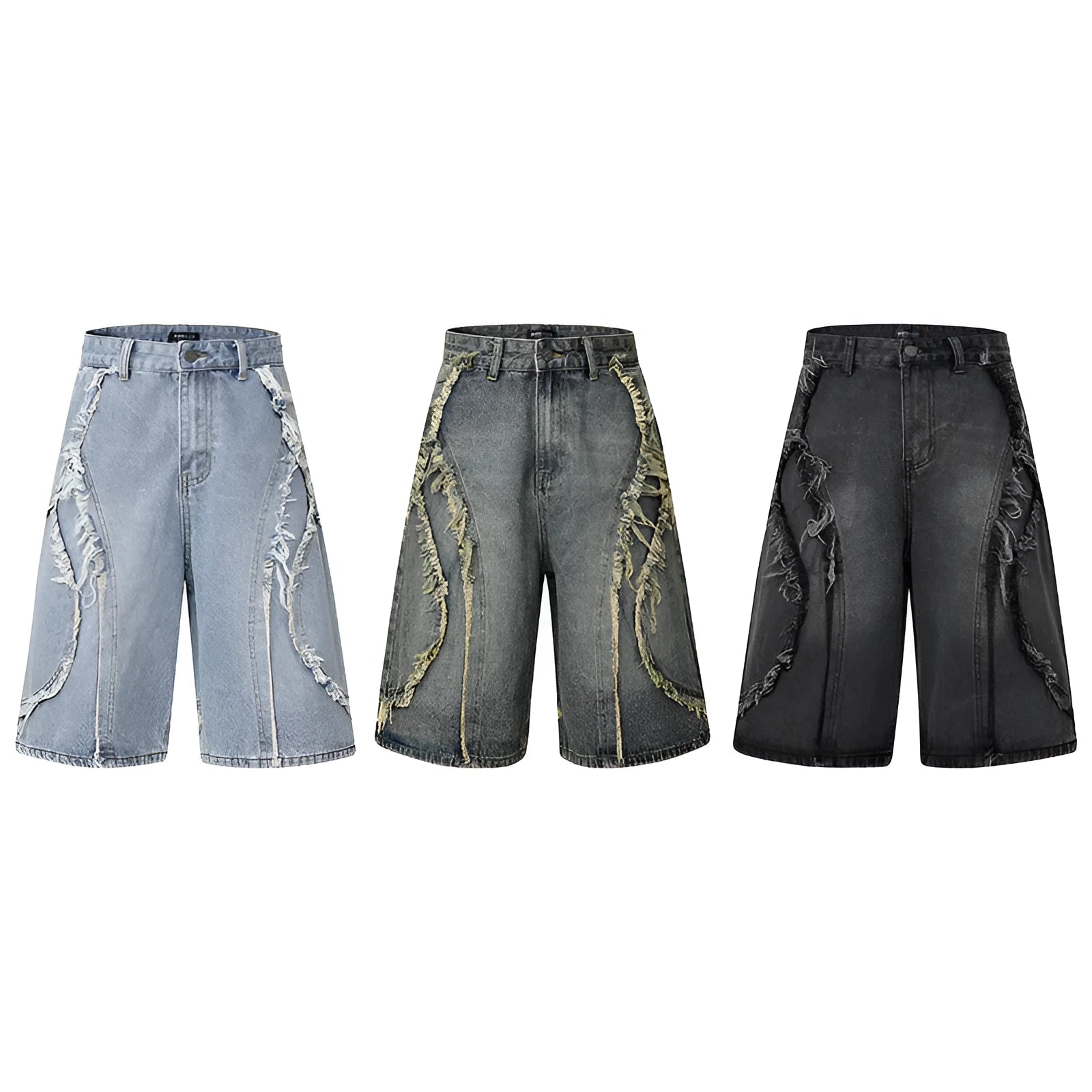 Men's distressed light blue denim shorts with raw edge hem and straight-leg cropped fit on a grey background.