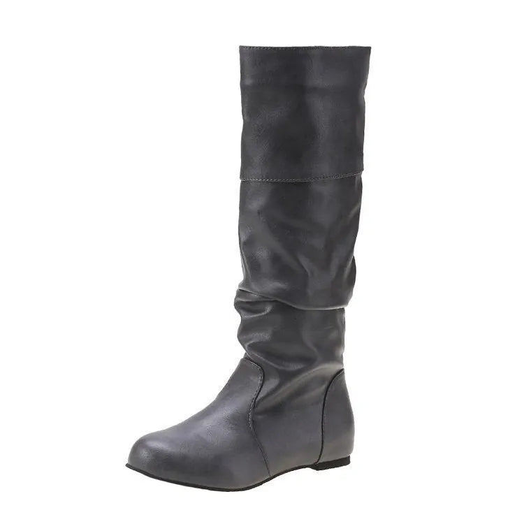 Women's flat heel long boots in black, slip-on style with a high cylinder shaft and rubber sole.