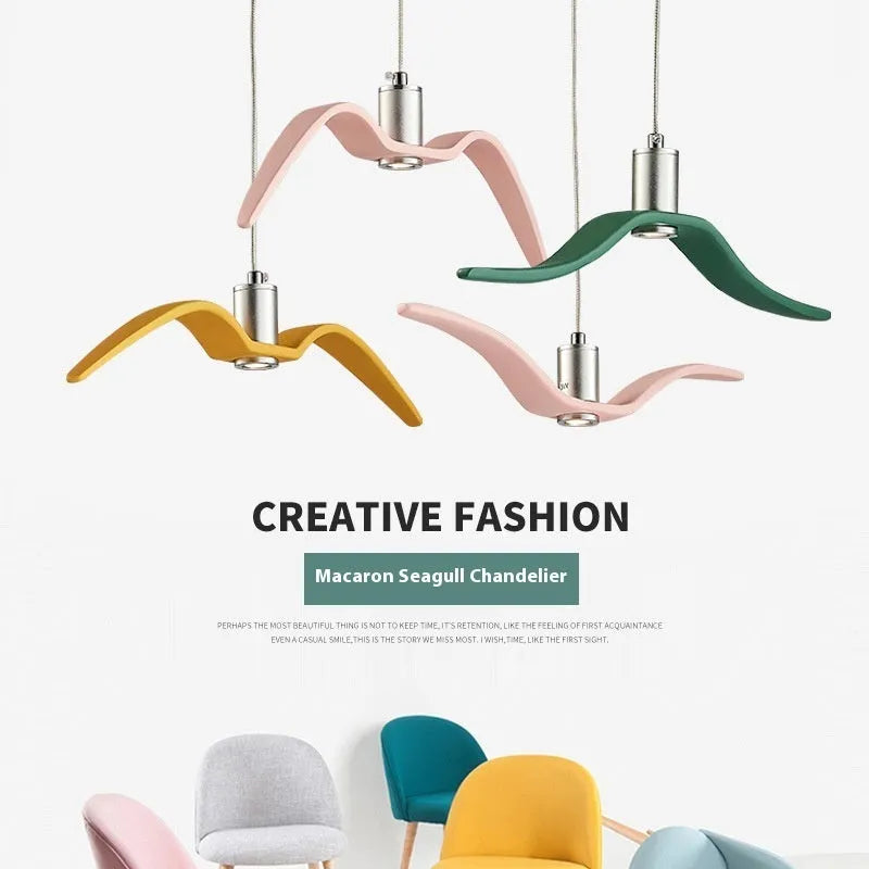 Nordic personalised LED chandelier with macaron-inspired colour options including pink, green, yellow, white, and black, a modern 320 x 160 mm size, and choice of warm or white light colour temperature for dining room or restaurant settings.