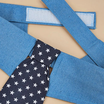 Adjustable denim pet collar with star pattern showing bow and tie styles for formal pet events