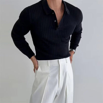Stylish slim-fit men's knitted polo shirt in various colors, featuring a lapel button design for added sophistication