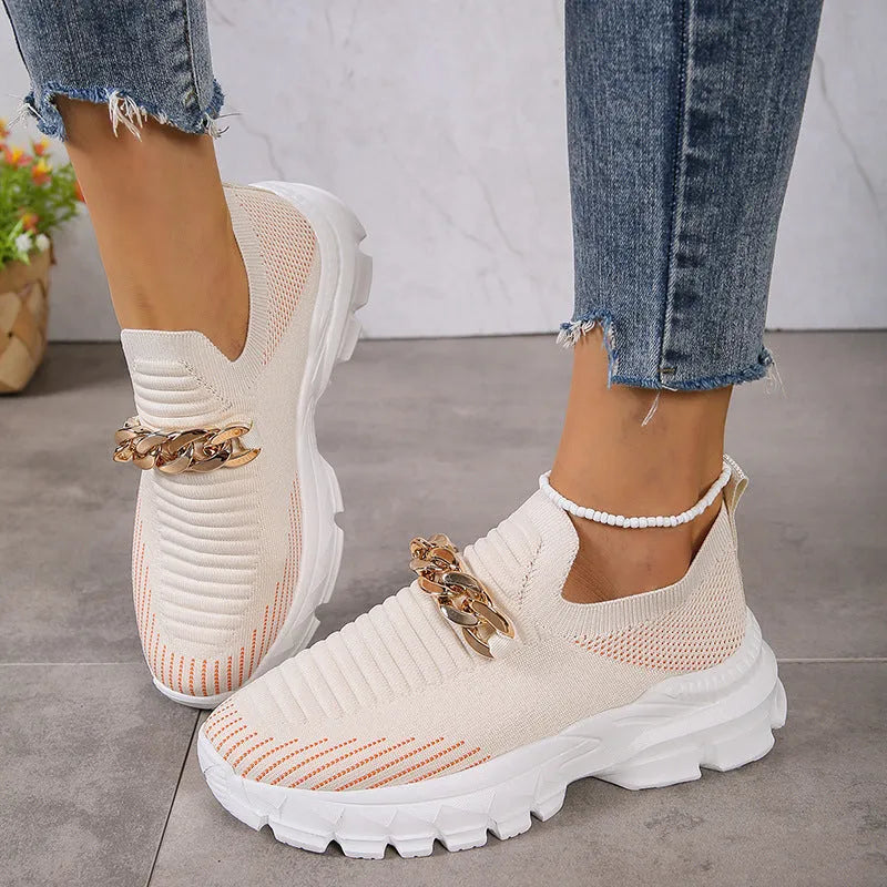Women's chain mesh slip-on flat shoes with fly weaving upper and chunky EVA sole in beige, black, or orange