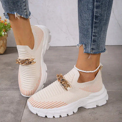 Women's chain mesh slip-on flat shoes with fly weaving upper and chunky EVA sole in beige, black, or orange