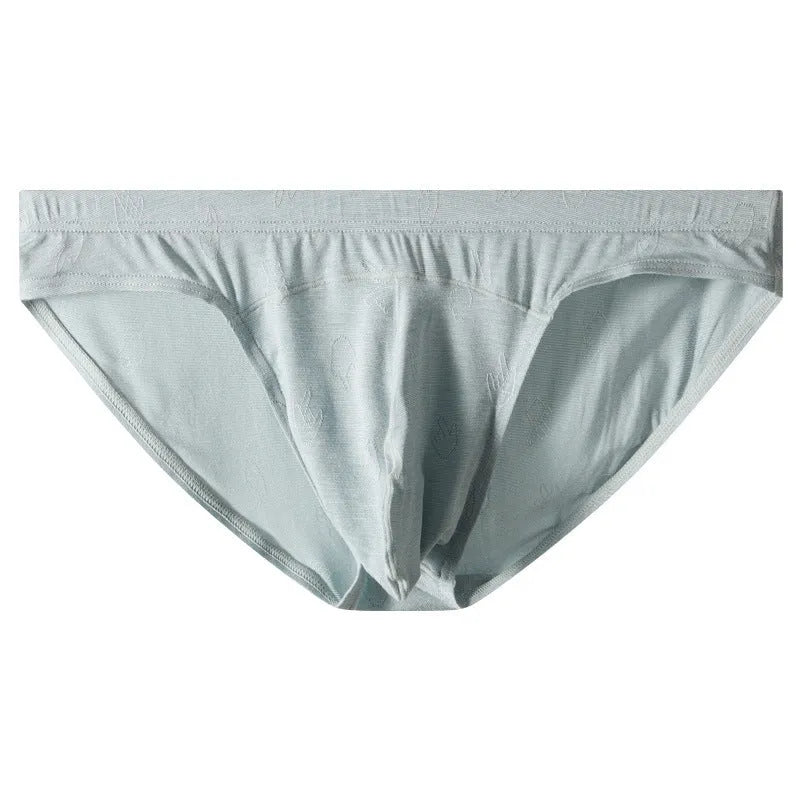 Modal low waist briefs in dark gray, green, sky blue, pink, and colorful blue with jacquard ice silk finish, sizes M to XXL.