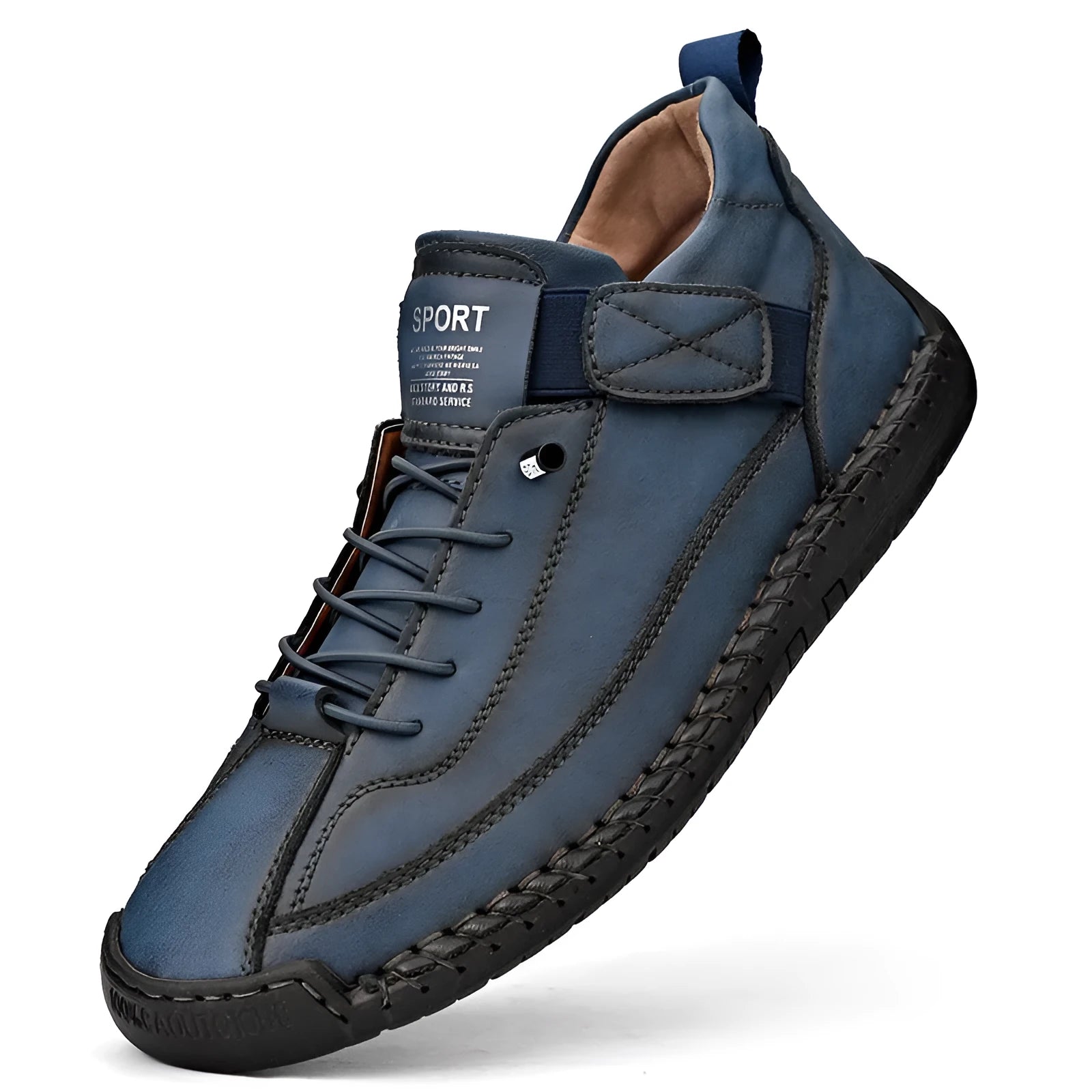 Men's black mid-top Martin boots with elastic band and sewn sole on a plain background.