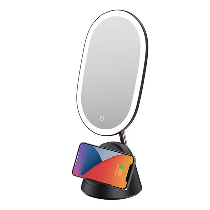 White desk lamp with integrated rectangular makeup mirror and UK plug on a wooden table.