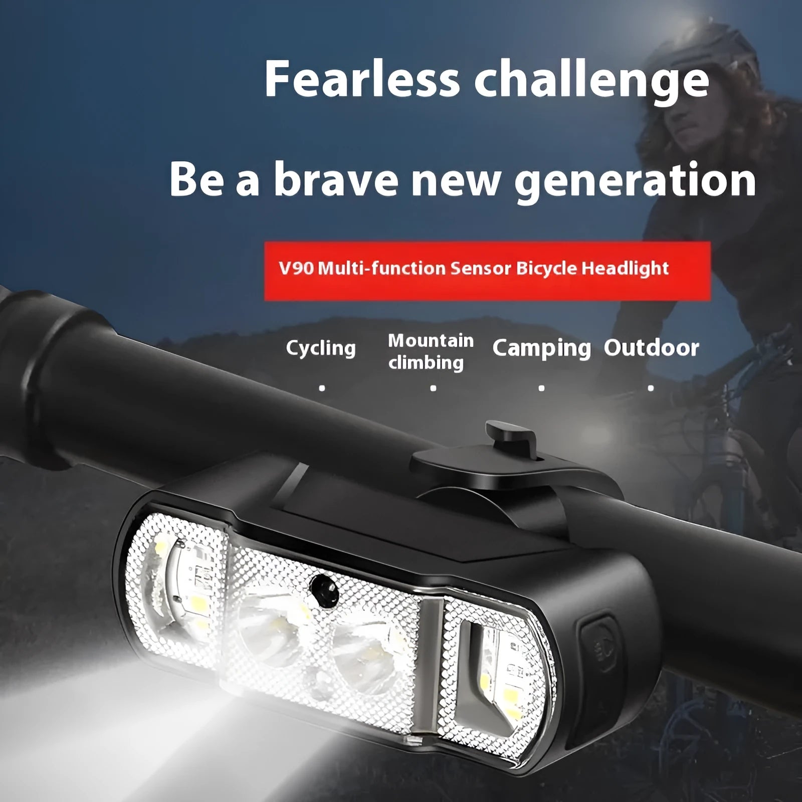 Black USB rechargeable bicycle headlight with 350 lumen output mounted on handlebars