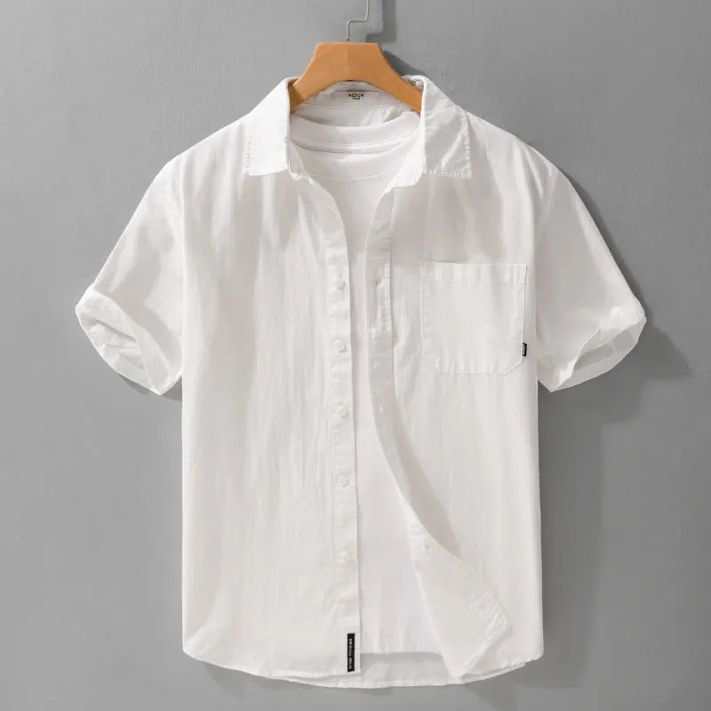 Men's casual short sleeve shirt in pure cotton with loose fit, shown in multiple colour options