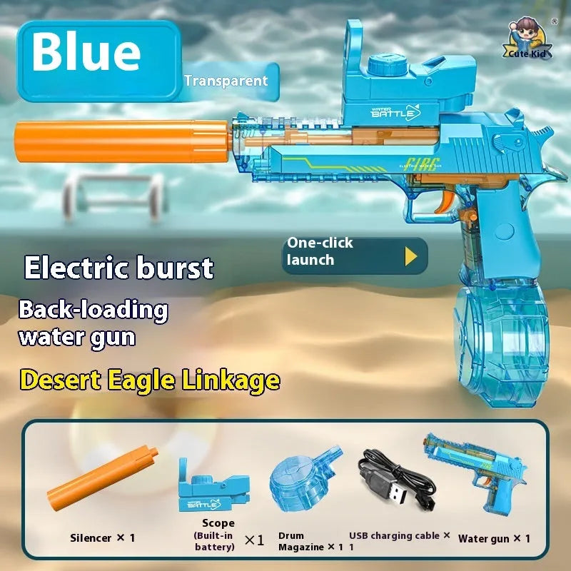 Automatic electric water gun toy with Desert Eagle linkage design, ammunition drum, silencer, and telescopic sight, 41.1cm long