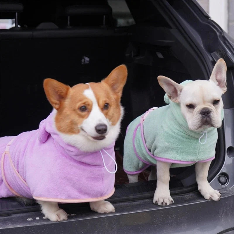 Adjustable dog bathrobe in coral fleece for quick drying, available in multiple colours and sizes