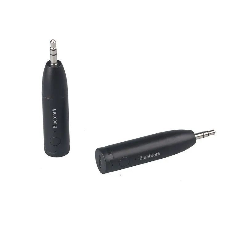 Black Bluetooth audio receiver with 3.5mm AUX jack for connecting to car stereos