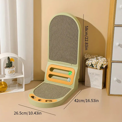 Grey L-shape cat scratching board with sisal surface, shown vertical against a wall.