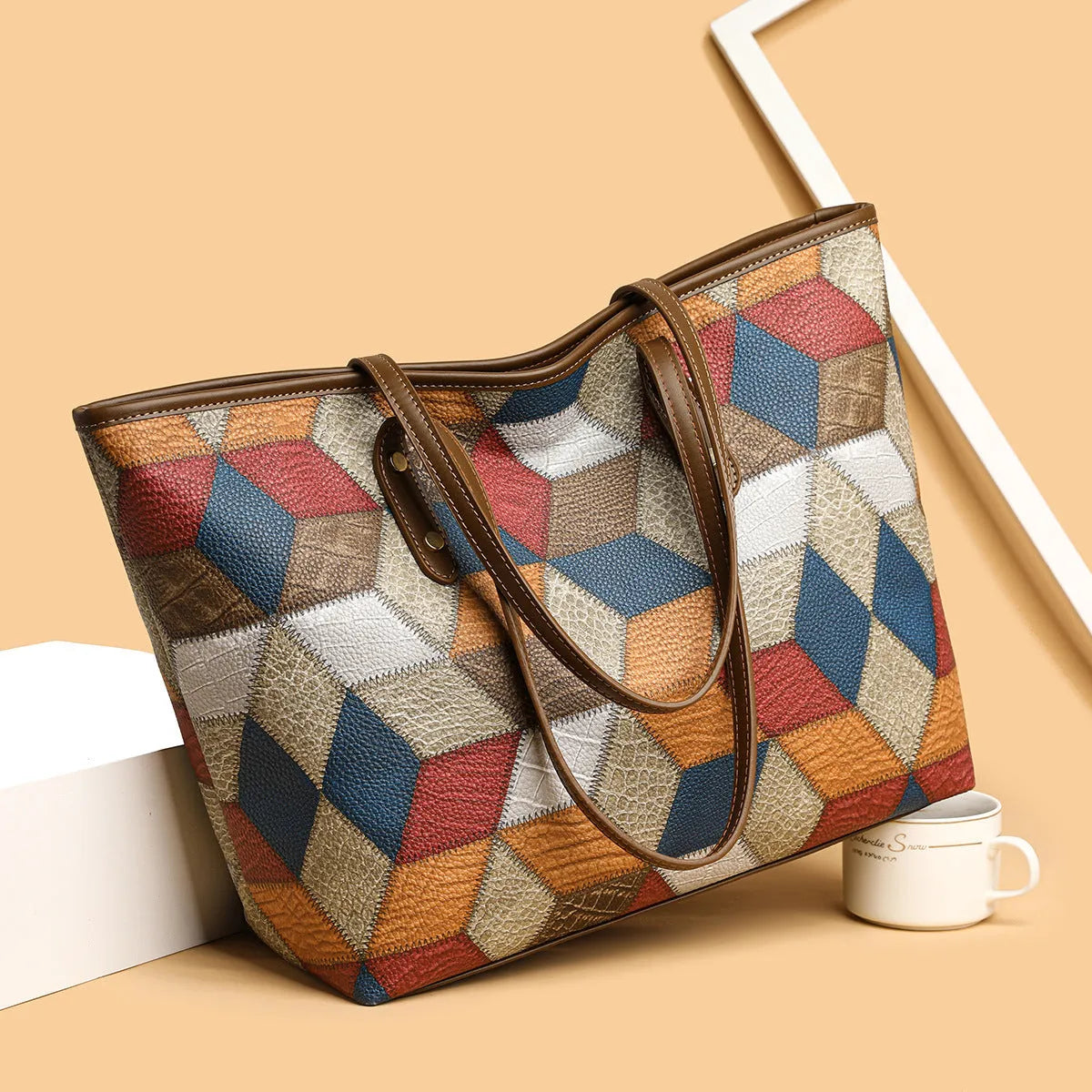 Women's PVC shoulder handbag in blue brown colour with sandwich pocket design and large capacity