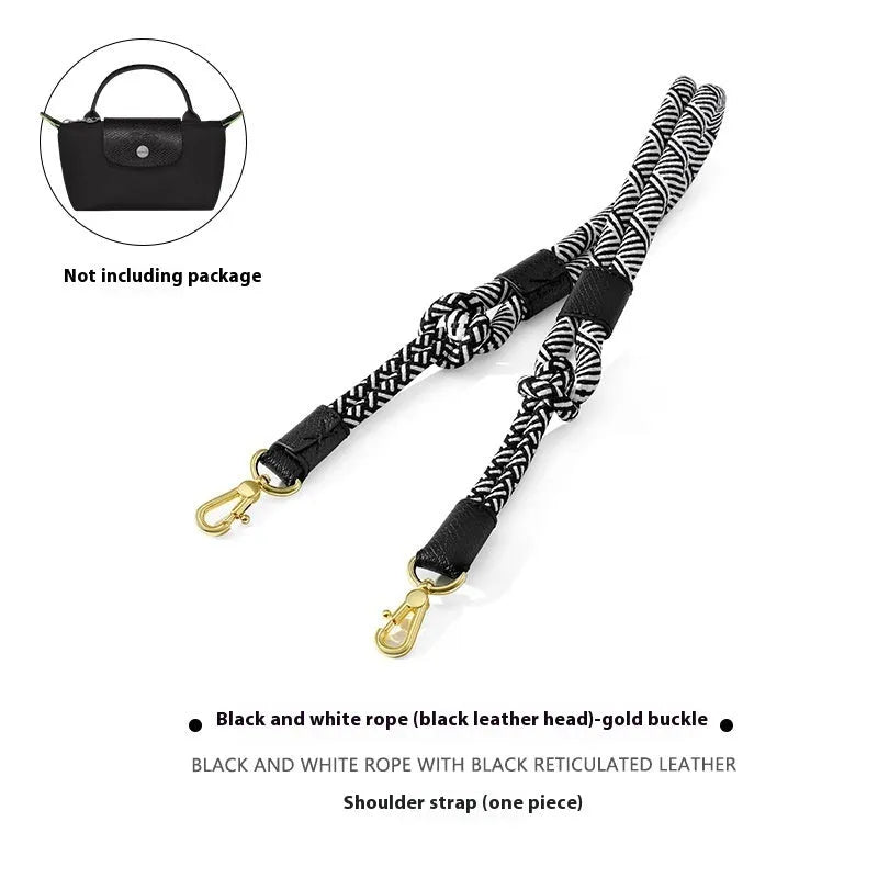 Braided rope and leather shoulder strap with a metal buckle in gold or silver finish