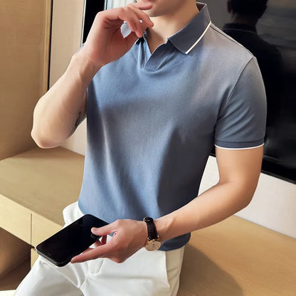 Men's solid colour short sleeve polo shirt with lapel collar on a hanger