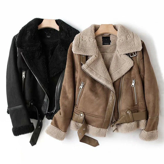 Stylish suede lamb wool winter lapel jacket for women in black and khaki