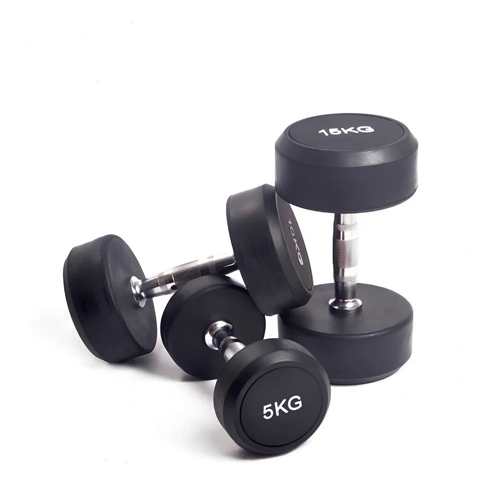 Black rubberized cast iron round head dumbbells, 1kg to 5kg weights for fitness, impact-resistant coating