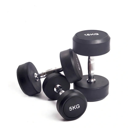 Black rubberized cast iron round head dumbbells, 1kg to 5kg weights for fitness, impact-resistant coating