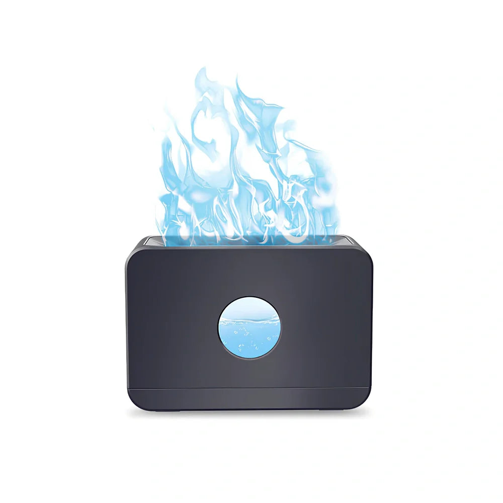 Square two-colour flame aromatherapy humidifier showing black unit with blue and orange flame lighting effect