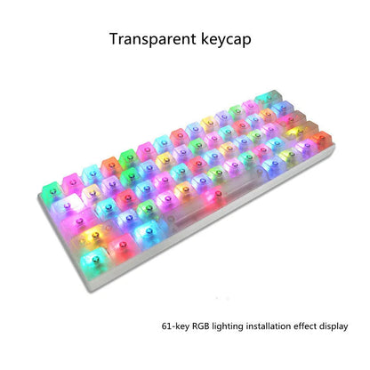 Set of 104 transparent PBT mechanical keyboard keycaps in orange, white, blue, and black colours on a black background.