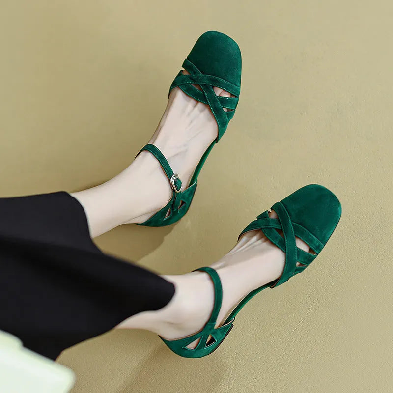 French style retro Roman sandals with buckle fastening in apricot colour showing round toe and rubber sole