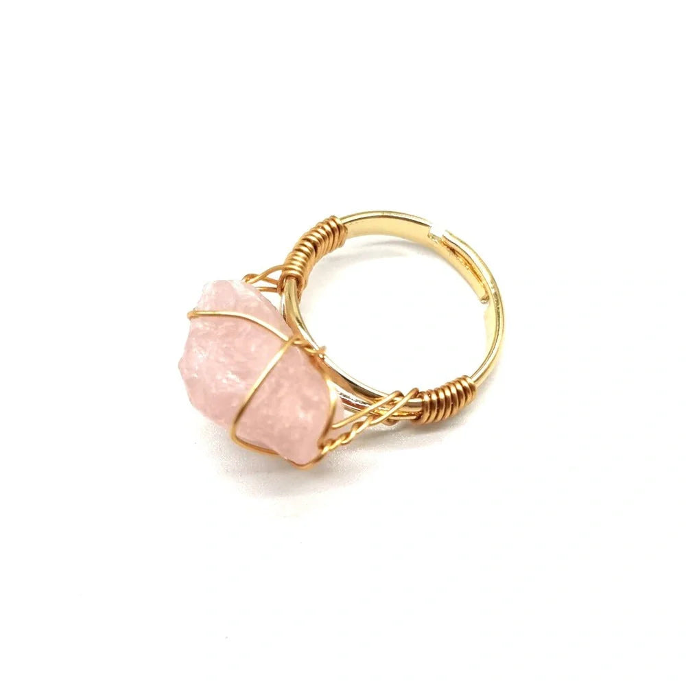 Adjustable hand-wrapped rough stone agate ring in various colours with ethnic design