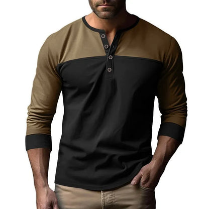 Long-sleeve henley collar casual shirt in solid colour, shown in available sizes and colours.