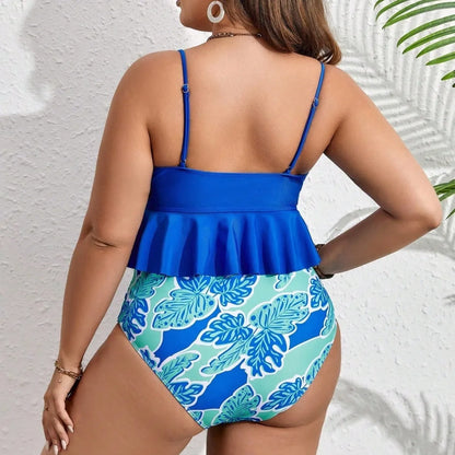 Blue bikini swimsuit set with brief-style shorts on a mannequin, showing European and American sizing.