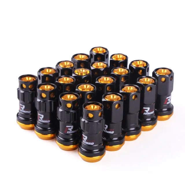 Set of aluminium alloy wheel hub nuts in various colours including red, gold, blue, purple and black combinations