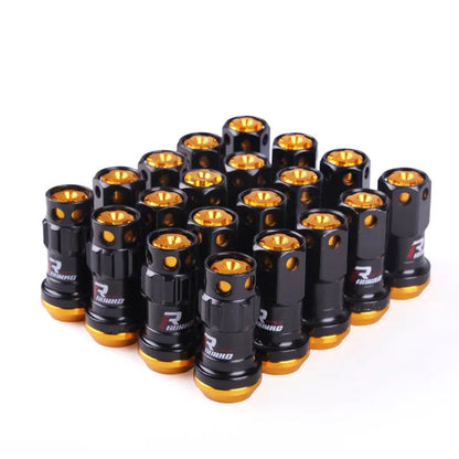 Set of aluminium alloy wheel hub nuts in various colours including red, gold, blue, purple and black combinations
